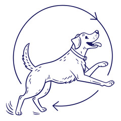 Vector art of a happy dog is running in a circular path, illustrated with clean lines to convey energy and joy, the design is minimalist and suitable for a variety of creative projects