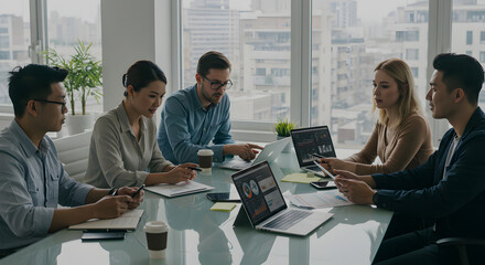 Diverse team collaborating effectively during a modern office meeting around a table with laptops.