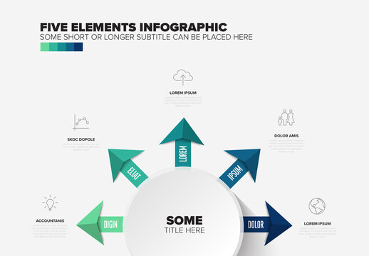 Abstract Five Element Infographic Layout with Arrows and Circular Core Design