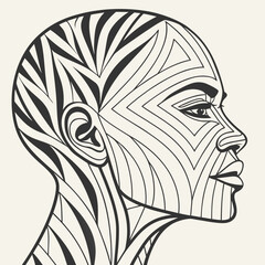 Vector art of abstract geometric portrait of a woman, featuring a unique pattern of lines and shapes that create a visually striking and modern representation of the female face