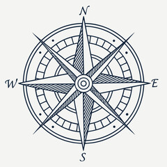 Vector art of an elegant monochrome line art illustration of a classic compass rose with cardinal directions, intricate details, and a vintage aesthetic © Mamun