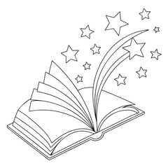 Vector art of an open book with stars flying out of it, symbolizing the magic of reading, knowledge, and imagination, perfect for educational or childrens themes, conveying wonder and learning