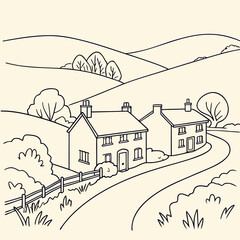 Obraz premium Vector art of detailed line art of a charming countryside scene with houses, rolling hills, and a winding road, perfect for coloring books, scenic illustrations, or ruralthemed designs