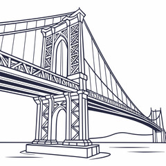 Vector art of detailed line art of the manhattan bridge, the illustration showcases the bridges intricate design, including its cables, arches, and city skyline, capturing the essence of new york city