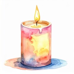 Watercolor Illustration of a Lit Pink and Yellow Candle on White Background