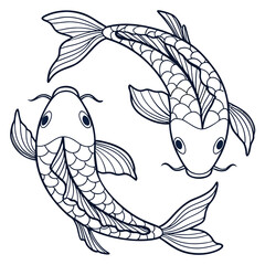 Vector art of elegant koi fish illustration, showcasing a harmonious yin and yang concept with flowing lines and intricate scale details, perfect for asianinspired themes