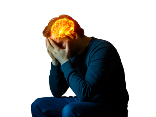 Man with headache isolated on transparent background and brain on fire concept