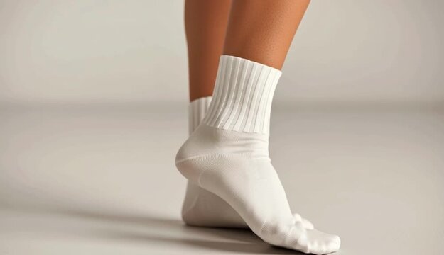 Woman in stylish white socks on light grey background