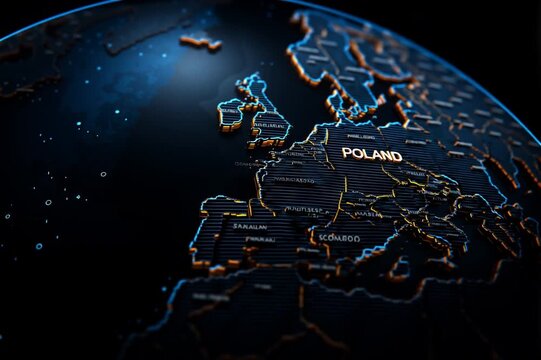 This digital-style map highlights Poland at the center, Illustration, 3d rendering,