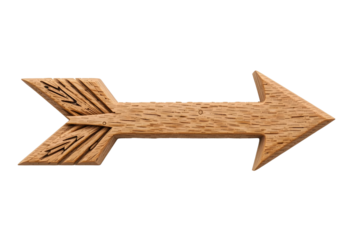 Artisan Wooden Arrow with Feathered Tail and Sharp Head Rightward Directional Symbol Featuring Natural Grain and Carved Detail