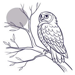 Vector art of stylized illustration of an owl perched on a branch with the moon in the background, presented in a clean, outlined style suitable for coloring books or naturethemed designs