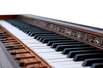 Close-up of piano keyboard, the instrument looks classic and elegant, with visible detail of the keys and the wooden frame. It embodies both music and craftsmanship
