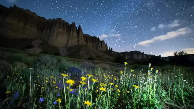 Nighttime meadow and rocky landscape