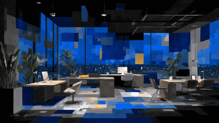 Office space, market predictions, data centre, workspace, prestigious office, illustration, modern, detailed, stock markets, business