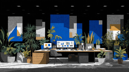 Office space, market predictions, data centre, workspace, prestigious office, illustration, modern, detailed, stock markets, business
