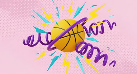 A vibrant basketball illustration with dynamic energy, surrounded by stylized decorative elements.