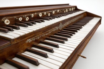 An antique organ showcasing intricate craftsmanship, with multiple keyboards and a warm wooden tone. The instrument's keys invite musical exploration