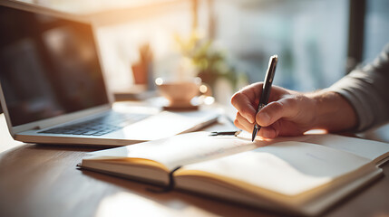 A high-angle shot of a desk with a planner and a laptop, with a person's hands writing notes in the planner.
