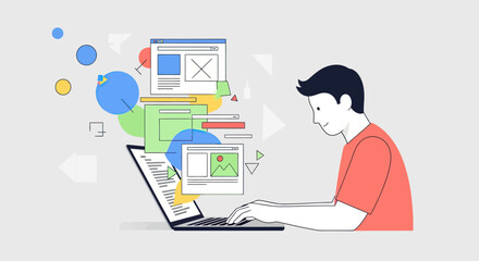 Smiling man in a red shirt typing on a laptop with colorful abstract UI elements floating out.