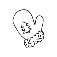 Christmas mitten line drawing in whimsical style in black and white for holiday decorations. Vector hand drawn illustration for postcards, logo, stikers, polygraphy and social media. Not AI