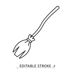 A witch broomstick icon in a minimalist line style with editable stroke. Halloween magic symbol, witchcraft transport, fantasy flying object, sorcery tool, spooky fairy tale element, besom concept.