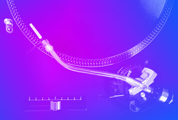 Turntable with black record and headshell, closeup. Neon gradient tone