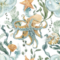 Watercolor seamless pattern with sea life – starfish, shells, octopus, corals, and seaweed. Ideal for textiles, wallpaper, beach and tropical designs, coastal interiors, and nautical decoration