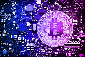 Digital currency bitcoin on computer chip. Neon gradient tone