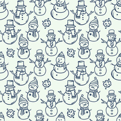 Snowmen on a white background, winter vector illustration. Festive seamless pattern. Useful for gift wrapping paper, fabric, clothing, textiles, surface textures, and scrapbooks.