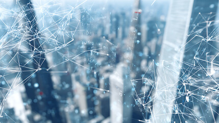 Digital network overlay on urban cityscape with interconnected nodes and data streams