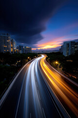 Traffic flows smoothly during twilight above city skyline