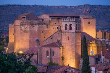 Mora de Rubielos Teruel Aragon Spain  Night view of the historical town. The illuminated castle and...