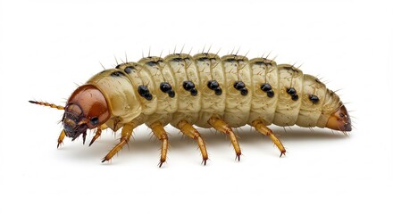 Fototapeta premium Close up detailed view shows segmented pale larva with dark spots crawling against white background. AI Generated