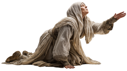 Weary pale woman full body on transparent background, biblical figure in faded robe kneeling in humility and prayer, isolated New Testament character PNG.