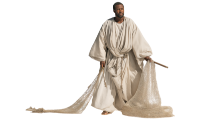 Simeon the Elder full body on transparent background, elderly biblical man in temple garments gently cradling infant Jesus, isolated New Testament figure PNG.