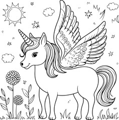 Magical unicorn foal coloring page illustration. Cute baby unicorn with big eyes, flowing mane, and stars around, perfect for kids’ coloring books, fantasy art, and printable craft activities.