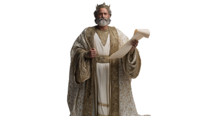 King Solomon full body on transparent background, biblical figure in royal garments with crown, Old Testament character PNG isolated for Christian and historical themes.