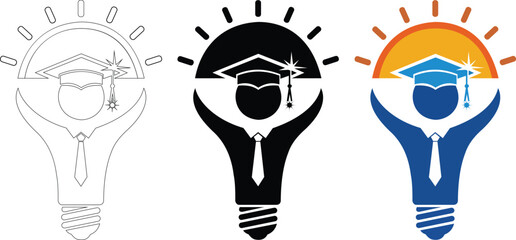 Education idea logo with man in graduation cap vector illustration set