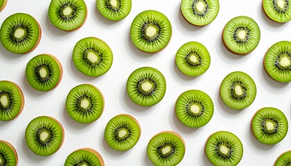 Fototapeta premium Sliced Kiwi Fruit Rows Flat Lay on Clean White Background