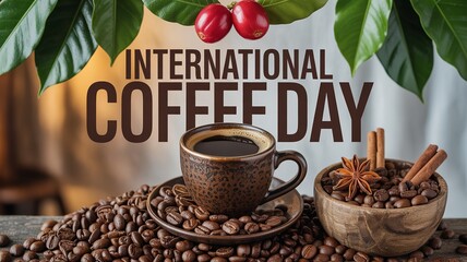 International Coffee Day celebration with cup, beans, and tropical leaves.