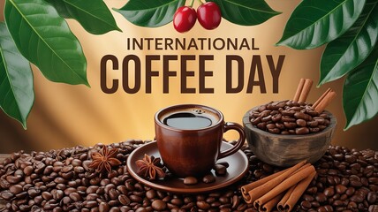 International Coffee Day, Freshly brewed coffee cup with rich crema and roasted beans.