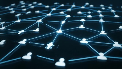 Glowing Blue Digital Network Visualization of Interconnected User Icons on Dark Background Symbolizing Social Communication, Connectivity, Technology, and Futuristic Data Sharing