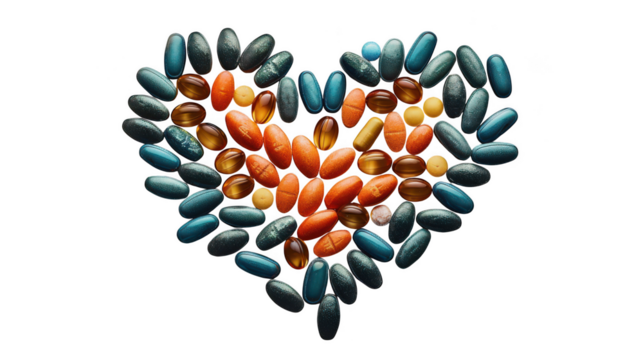 Heart shape made of various vitamin pills and supplements isolated on transparent background