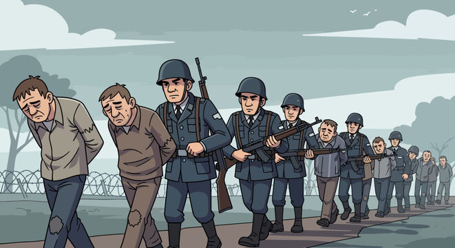 Cartoon depiction of prisoners marched by armed soldiers, heads bowed in despair.