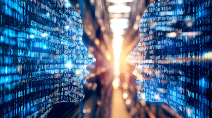 Digital human silhouettes formed by binary code facing each other in a glowing data corridor