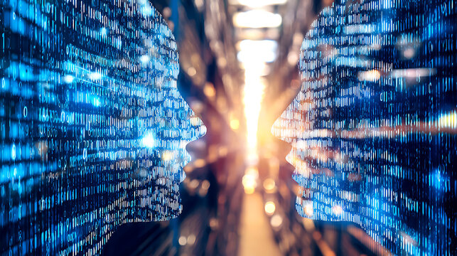 Digital human silhouettes formed by binary code facing each other in a glowing data corridor - Powered by Adobe