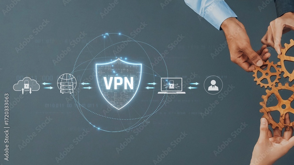 Poster a visually appealing representation of hands working together around a vpn security concept, featuri