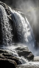 Waterfall plunges over rocks creating mist and spray Water cascades in a complex network of streams and flows contrasting dark rock with bright water