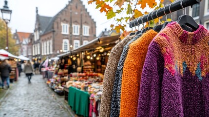 Colorful sweaters on display at an outdoor market