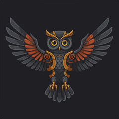 Obraz premium Steampunk owl with spread wings, intricate metalwork details, on black background